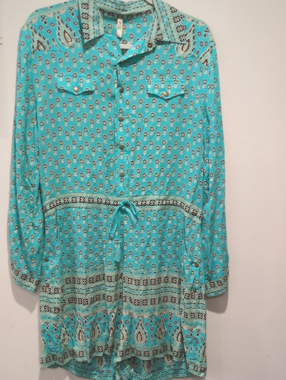 Spell And The Gypsy Collective Turquoise Long Dleeve Button Up Jumpsuit